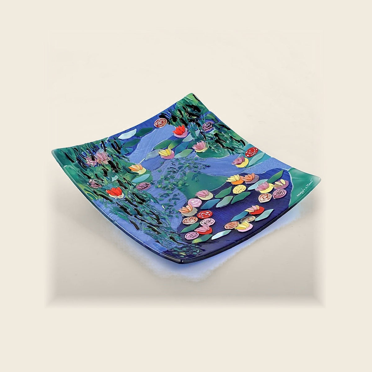 Monet Water Lilies square plate in Murano glass