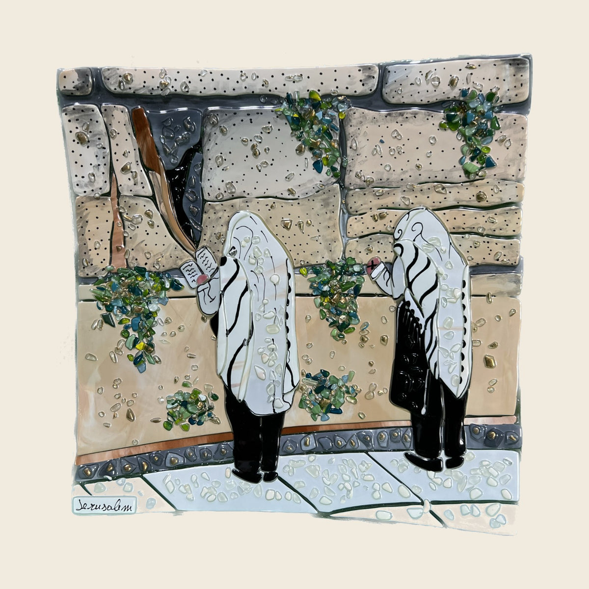 Jerusalem Prayer at the Kotel Square Plate – handmade Murano glass, made in Italy