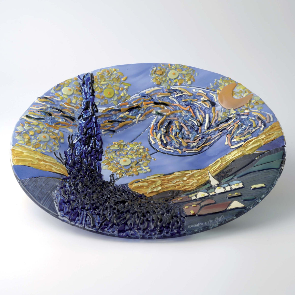 Van Gogh Starry Night Round Plate – handmade glass, made in Italy