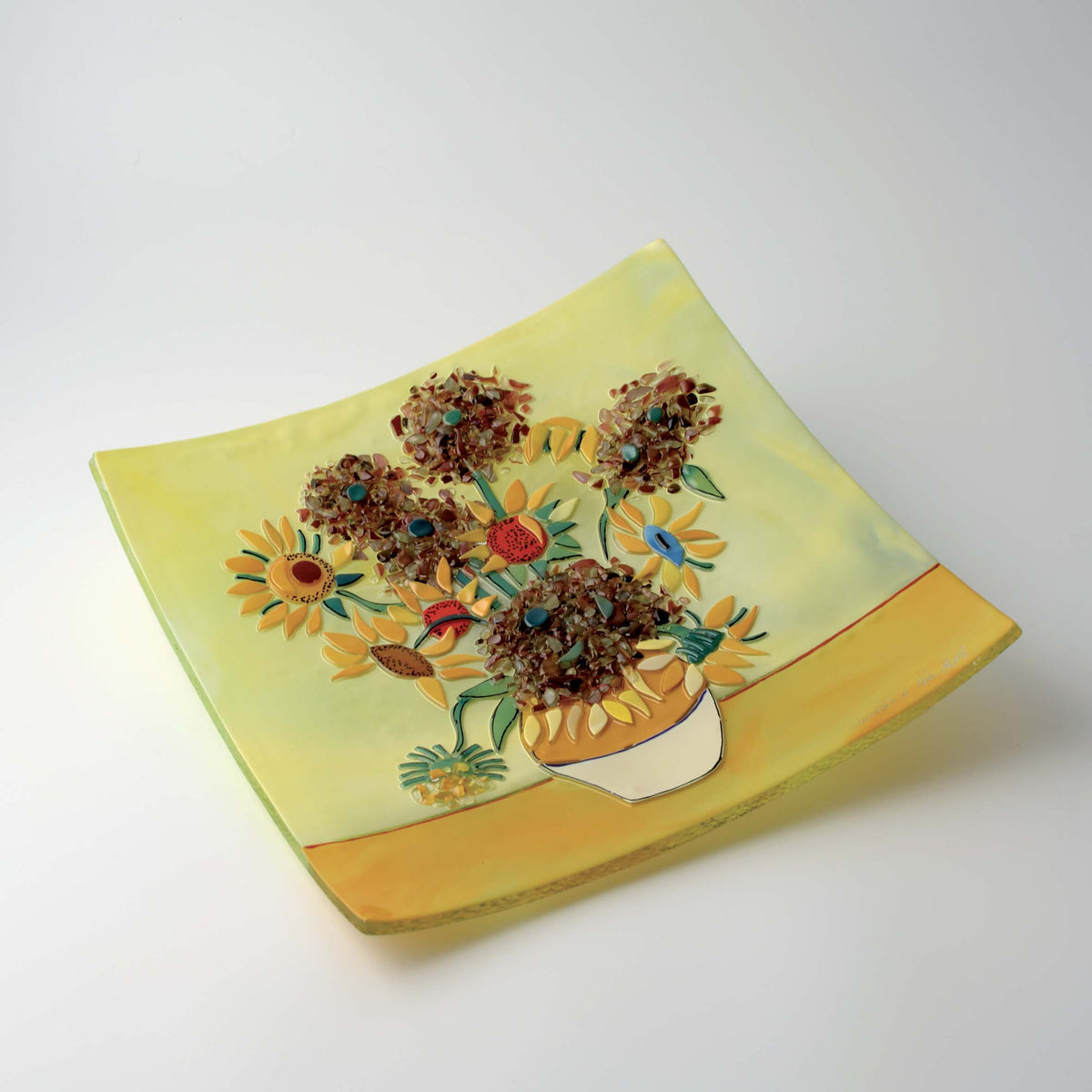 Van Gogh Sunflowers Square Plate – handmade glass, made in Italy