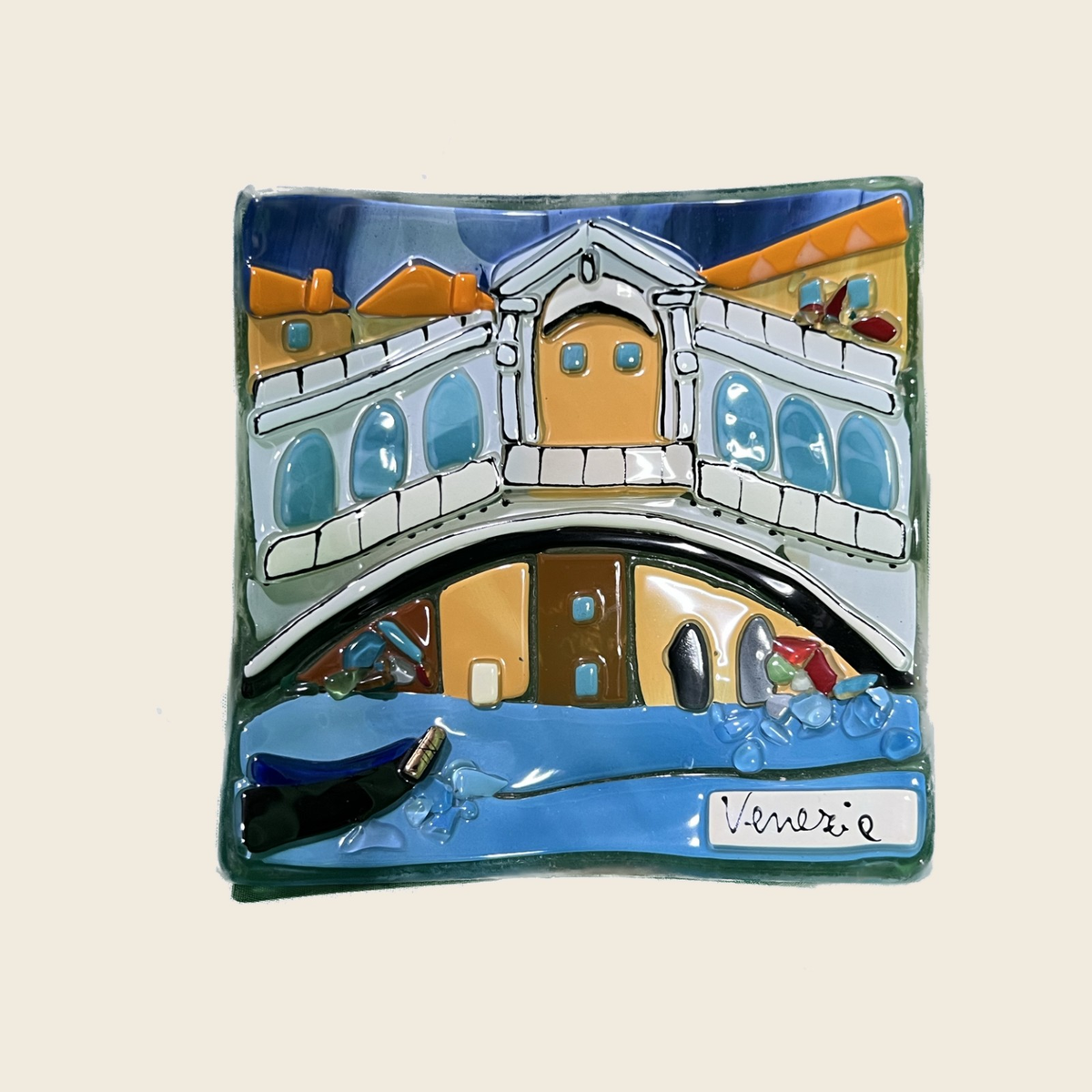 Landscapes - The Rialto Bridge Venice - Table-top square plate - Murano Art Italy