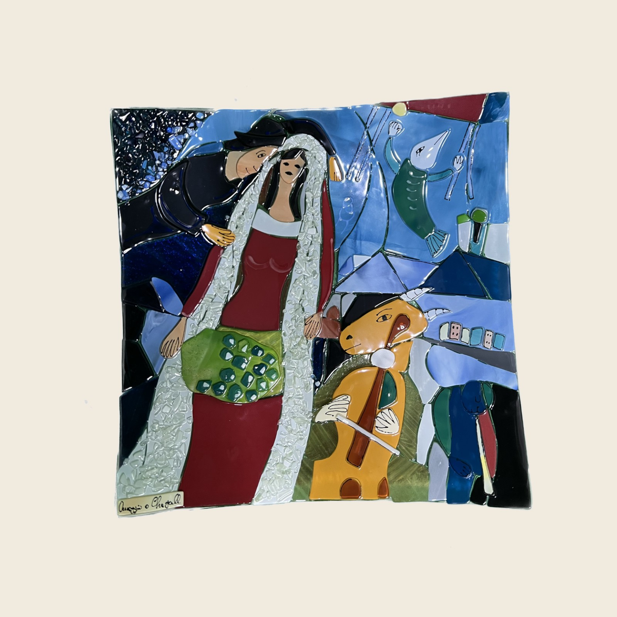 Marc Chagall - La Mariée - Table-top square plate - Murano Art Italy