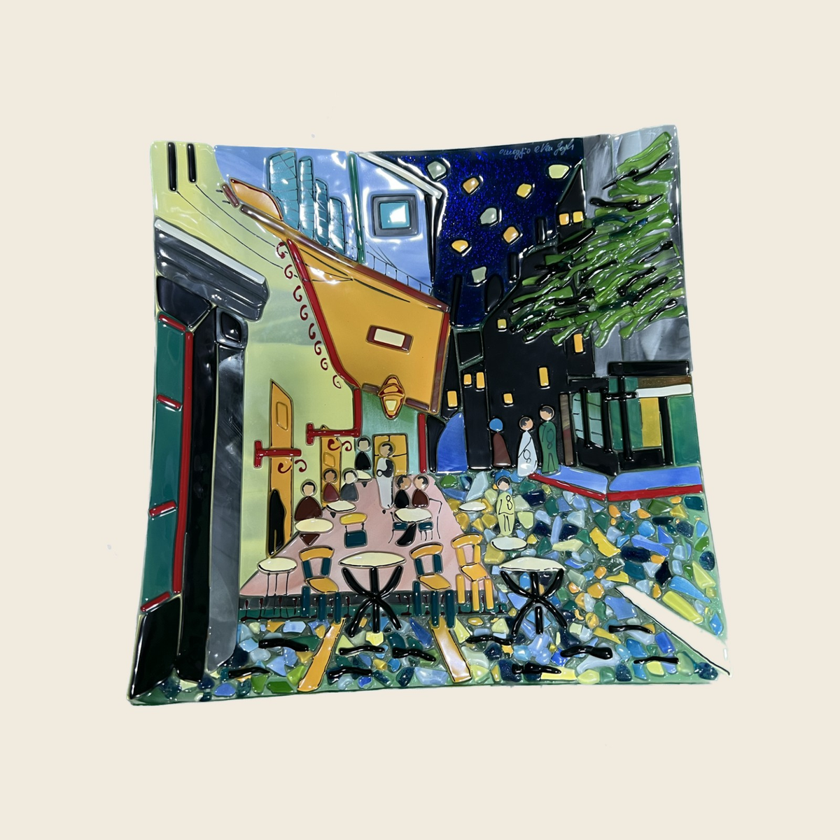 Van Gogh - The cafè terrace at night - Table-top square plate - Murano Art Italy