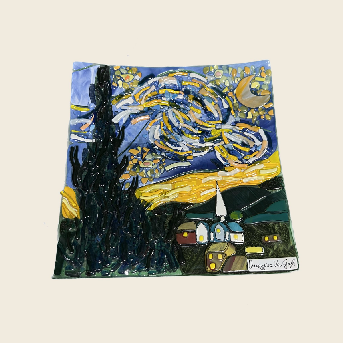 Van Gogh - The Starry night - Table top square plate - Murano Art Italy
