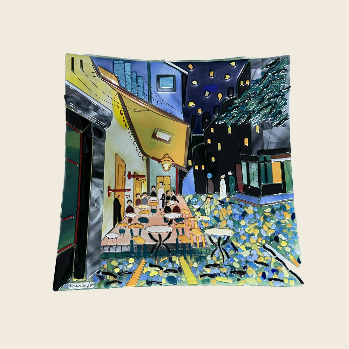 Van Gogh - The cafè terrace at night - Table-top square plate - Murano Art Italy
