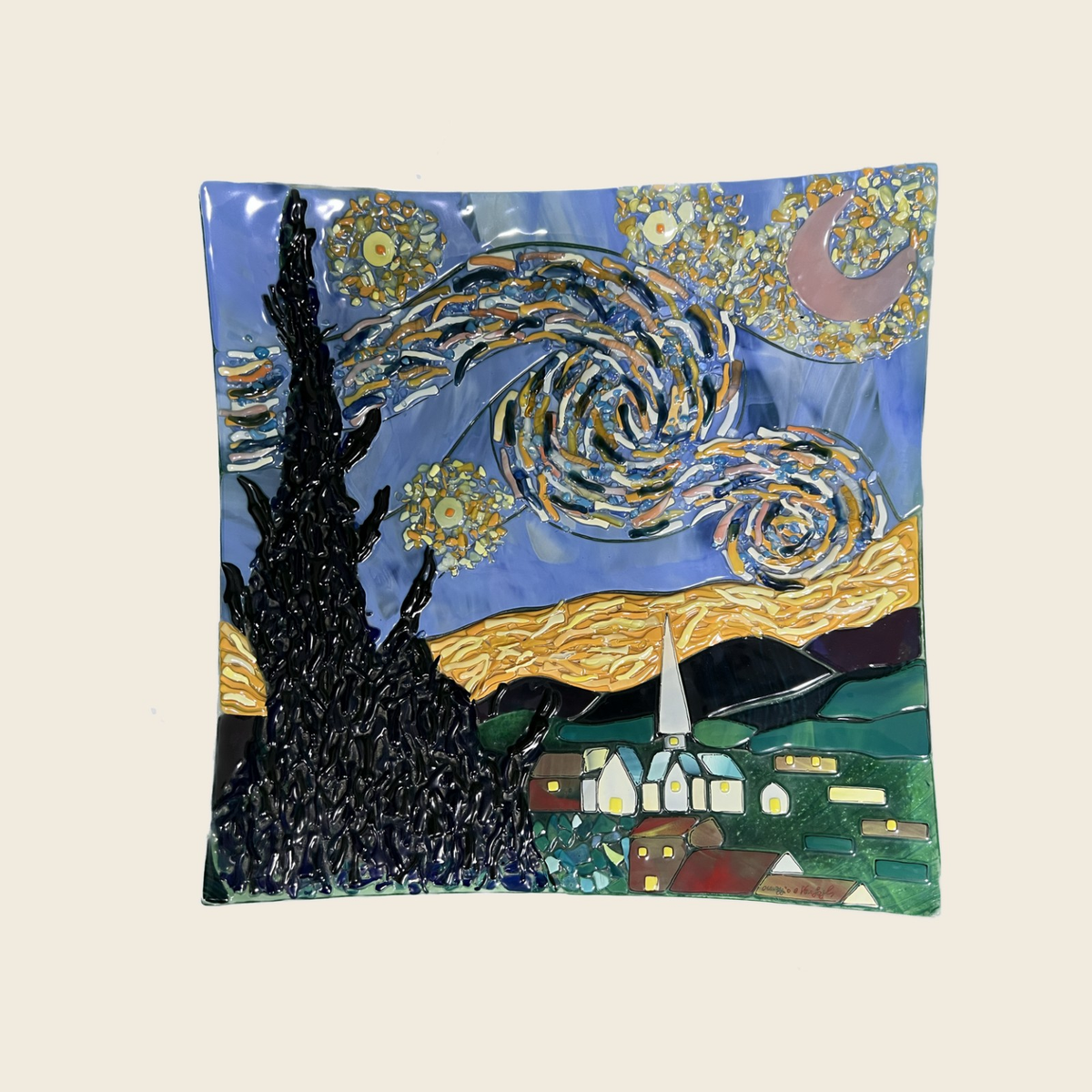 Van Gogh - The Starry night - Table top square plate - Murano Art Italy