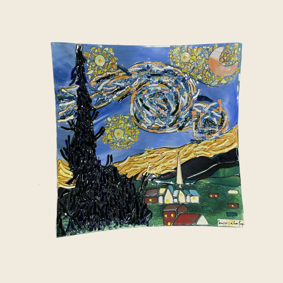 Van Gogh - The Starry night - Table top square plate - Murano Art Italy